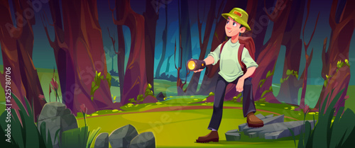 Traveler with flashlight and backpack in night forest. Tourist at dark wood landscape search the route or right way. Hiking sport, orienteering, travel journey, adventure Cartoon vector illustration