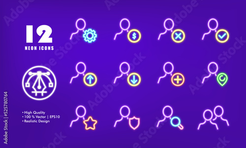 People with website buttons set icon. Client base, management, gear, dollar, cross, checkmark, arrow, plus, pointer, star, shield, magnifier, location. Business concept. Neon glow. Vector line icon