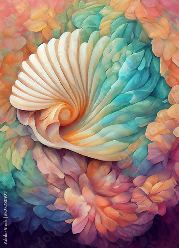 Shells, petals and feathers in pastel colours. Created with generative ai technology