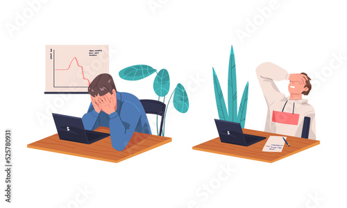 Frustrated, overloaded business people working with laptop computers in office. Stress at work, burnout, work overload cartoon vector illustration