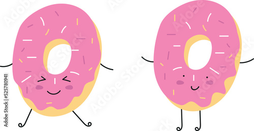 Happy smiling humanized donut with arms and legs. Delicious set of pink icing doughnuts with powder and sugar sprinkles isolated. Vector illustration