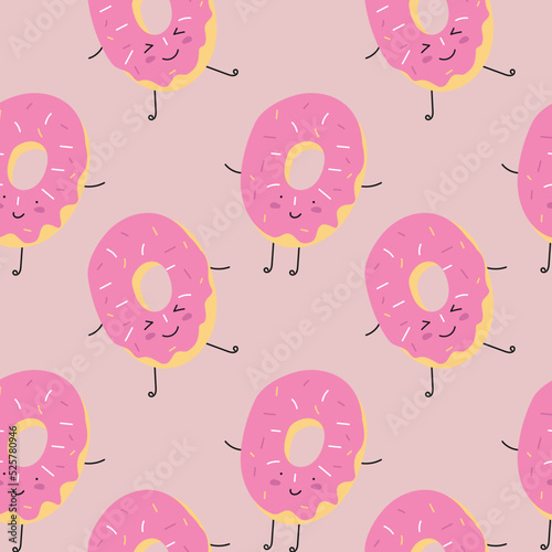 Happy smiling humanized donut doughnut seamless pattern. Tasty texture, background, wallpapers, endless ornament, repeating print for textiles, wrapping  paper, fabric, packaging