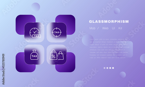 Time to pay taxes set icon. Clock, aim, tax protection, money bag, package, percent, discount, schedule, spendings, expences, income, budget. Business concept. Glassmorphism style. Vector line icon