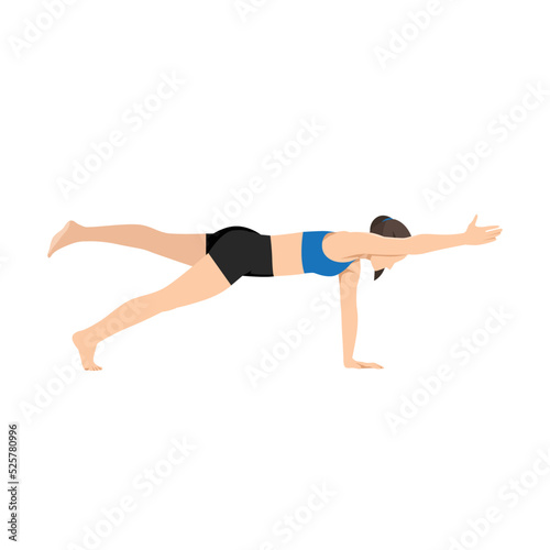 Woman doing Plank Pose One Arm Leg Lift. Beautiful girl practice Phalakasana Eka Pada Eka Hasta. Flat vector illustration isolated on white background