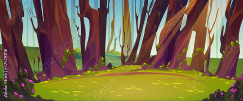 Forest glade cartoon nature background, summer landscape with deciduous tree trunks, green meadow with grass, bushes, flowers and sunlight spots on ground. Scenery fairy wood vector illustration