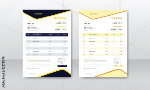 Creative and Unique abstract style business invoice template. Invoice layout template paper sheet include accounting, price, tax, and quantity with color variation vector illustration