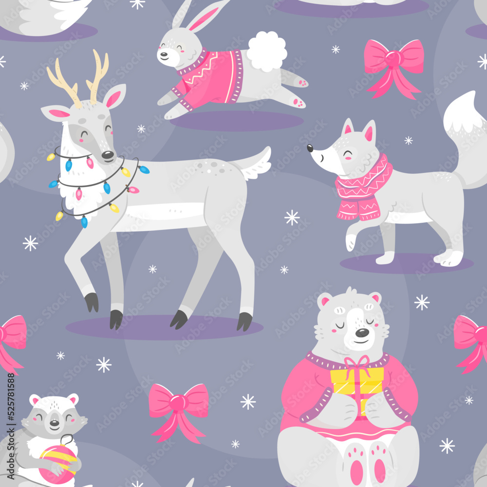 Seamless pattern with cute cartoon-style Christmas animals in white and pink colors. Vector illustration background.