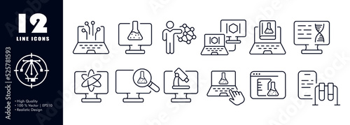 Chemical laboratory set icon. Neural network, flask, formula, benzene ring, DNA molecule, atom, magnifier, computer, microscope, test tube, analysis, experiment. Science concept. Vector line icon