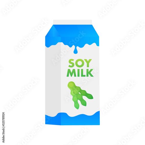 Organic Soy milk package. Healthy nutrition, cartoon milk. Vector stock illustration.