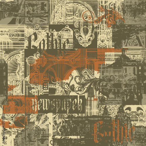 Abstract seamless pattern with chaotic layering of vintage architectural elements and old buildings and gothic letter. Vector background on of ancient architecture and art in creative modern design