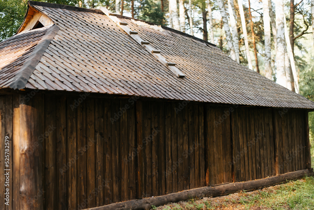 Naklejka premium Exterior rustic barn made of planks in the woods outdoors. Close-up, side view