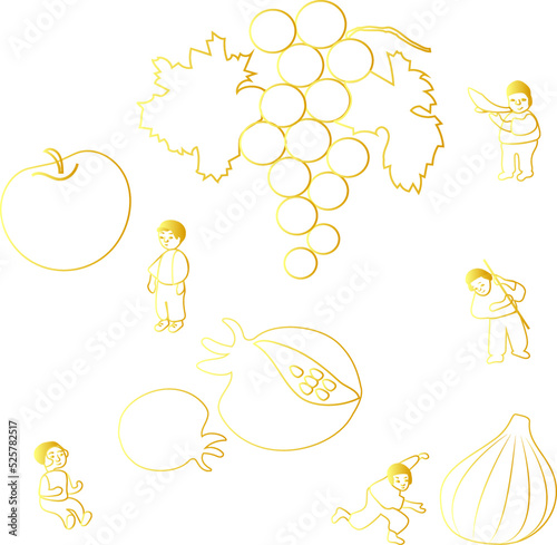 Jewish holidays set circuit tiny people, fruits of Israel vector illustration. Rosh hashanah, Yom Kippur, Sukkot, season of collecting harvest, festive in Israel. Israeli pomegranate.