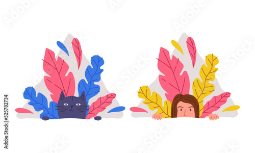 Curious cat and girl peeking out behind wall and bushes set. Girl and pet animal peeping or spying from vegetation cartoon vector illustration