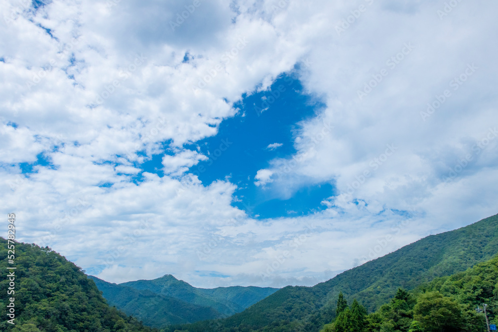 奥四万の夏の青空と緑の山々