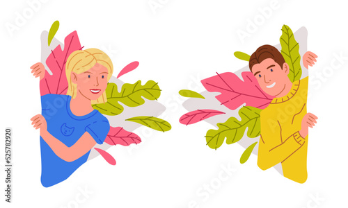 Cheerful man and woman peeking out behind wall set. People peeping or spying from bushes cartoon vector illustration