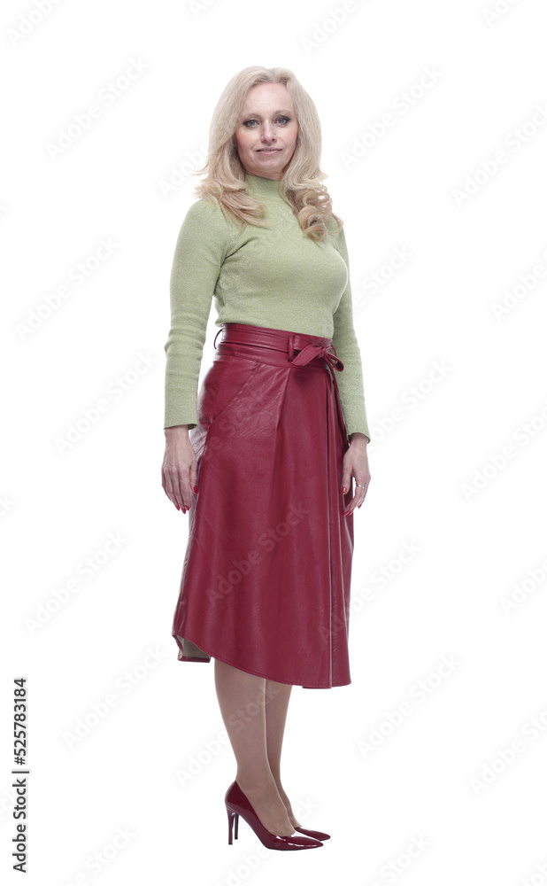 attractive young woman in red skirt looking at the camera.