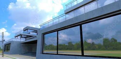 Revolution disign of concrete office building with large mirror panoramic windows. Multilevel terraces with fences made of glass and steel. Stunning clouds above. 3d render.