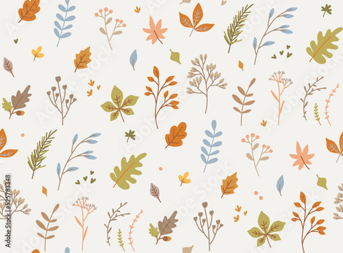 Fall seamless pattern of twigs with leaves, foliage, berries. Cute and cozy design elements of autumn plants. Vector illustration 