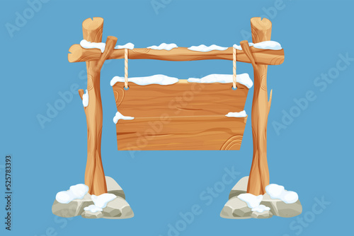 Old winter wooden blank, signboard with snow, rope in cartoon style.Empty frame, direction plank isolated on white background. Season decoration