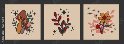 Set of retro posters. Smiling flowers,, clockwork mushrooms and plants, cute postcard, poster. Positive plants, radiance. Cartoon hand drawn.