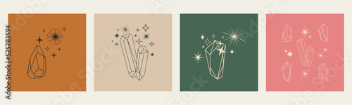 Line art crystals and radiance, magical boho meditation concept. A set of multi-colored posters. Minimalistic style, sketch for a tattoo.