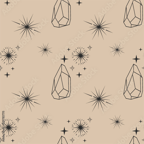 Mystical line art of esoteric crystals  shining gems  diamonds. Boho style. Seamless pattern for t-shirts and bags  decor element for tattoos.