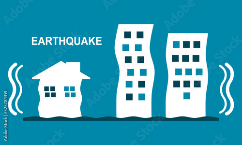 White building city house was shaken by earthquake disaster black icon warning sign on blue background flat vector design.