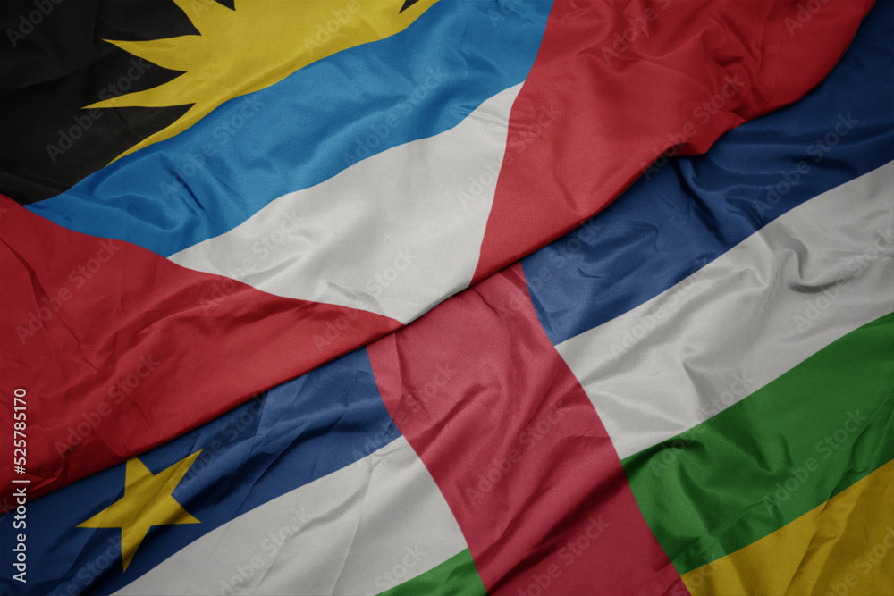 waving colorful flag of central african republic and national flag of antigua and barbuda.