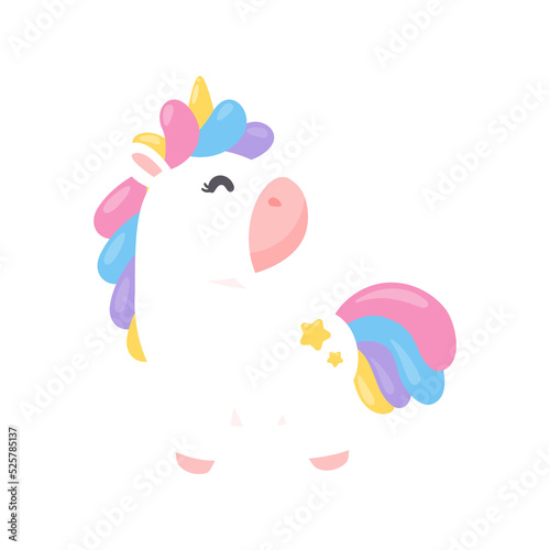 Cute unicorn horse cartoon set With a rainbow pastel shooting star Isolated on background