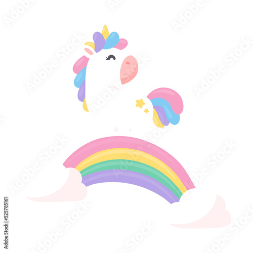 Cute unicorn horse cartoon set With a rainbow pastel shooting star Isolated on background