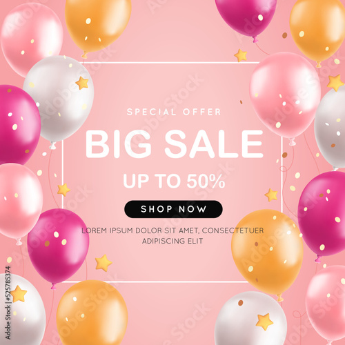 Big sale with 3d balloons, realistic pink and yellow air balloons, stars and confetti on pink background. Special offer banner, shop grand opening festive concept. Vector illustration