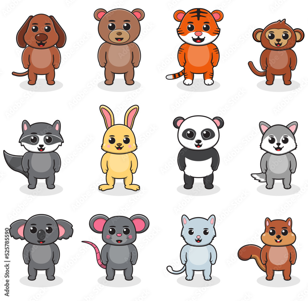 Vector illustration of animal. Dog, Bear, Tiger, Monkey, Raccoon, Rabbit, Panda, Wolf, Koala, Mouse, Cat and Squirrel. Cute forest animals. Cartoon character design collection