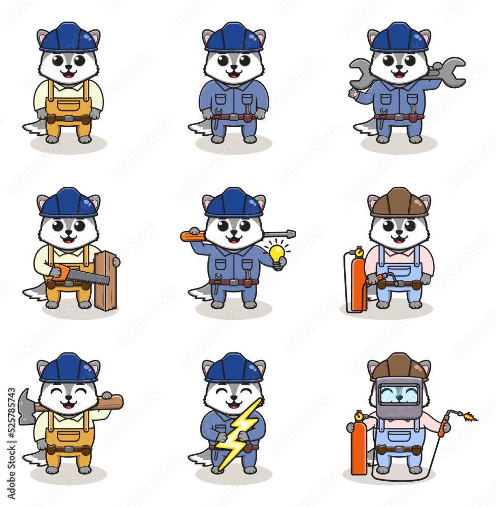 Vector illustration of Wolf Construction, builder, electrician, welder and handymen cartoon. Cute Wolf engineers workers, builders characters isolated cartoon illustration. Vector illustration of Wolf Construction, builder, electrician, welder and handymen cartoon. Cute Wolf engineers workers, builders characters isolated cartoon illustration.