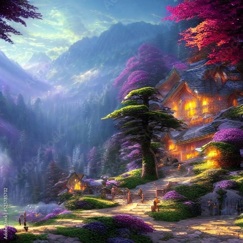 Fantasy concept art with cottages and trees in a mountain © Images