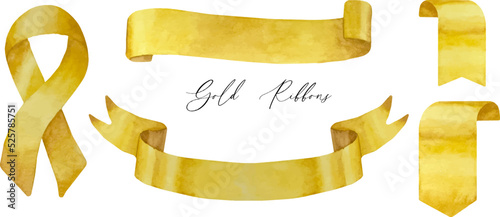 Set of watercolor gold ribbons. Old scroll paper, rolled banner. Gold abstract ribbons banners