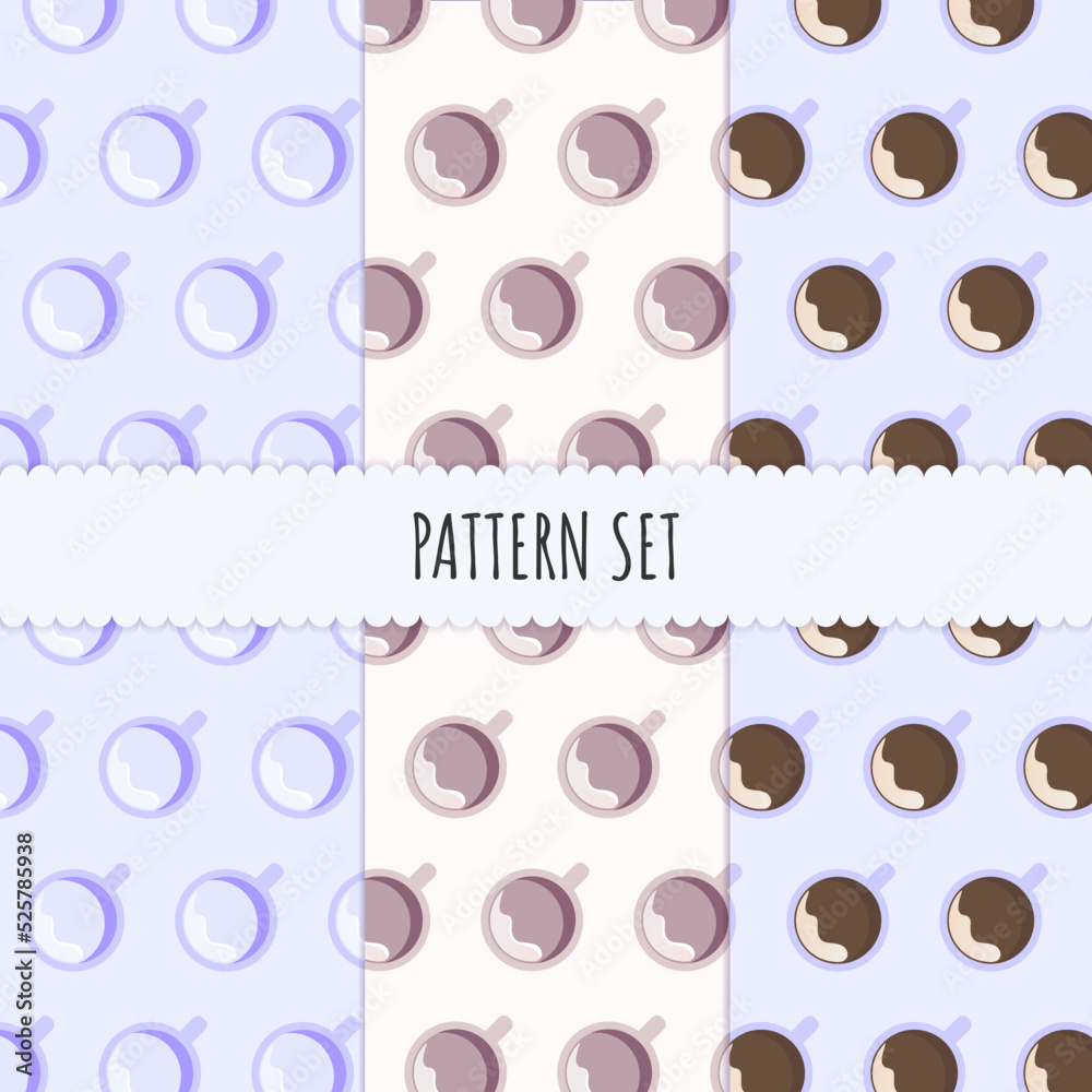 Coffee themed seamless pattern set for poster, banner, wallpaper, wrapping paper, scrapbook, textile and other design. Three flat pattern with mug or cup of black coffee on purple and beige background