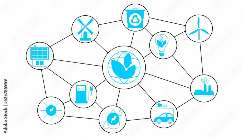 Animated flat eco icons in the white circles. Flat blue symbols for sustainable energy, renewable energy, green technology, ecology care. Vector illustration on white background.
