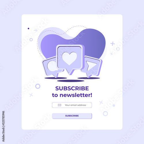 Like, repost and message social media icon in speech bubble. Vector banner of email marketing. Subscription to newsletter, news, offers, promotions. Subscribe, submit. Send by mail. Follow me.