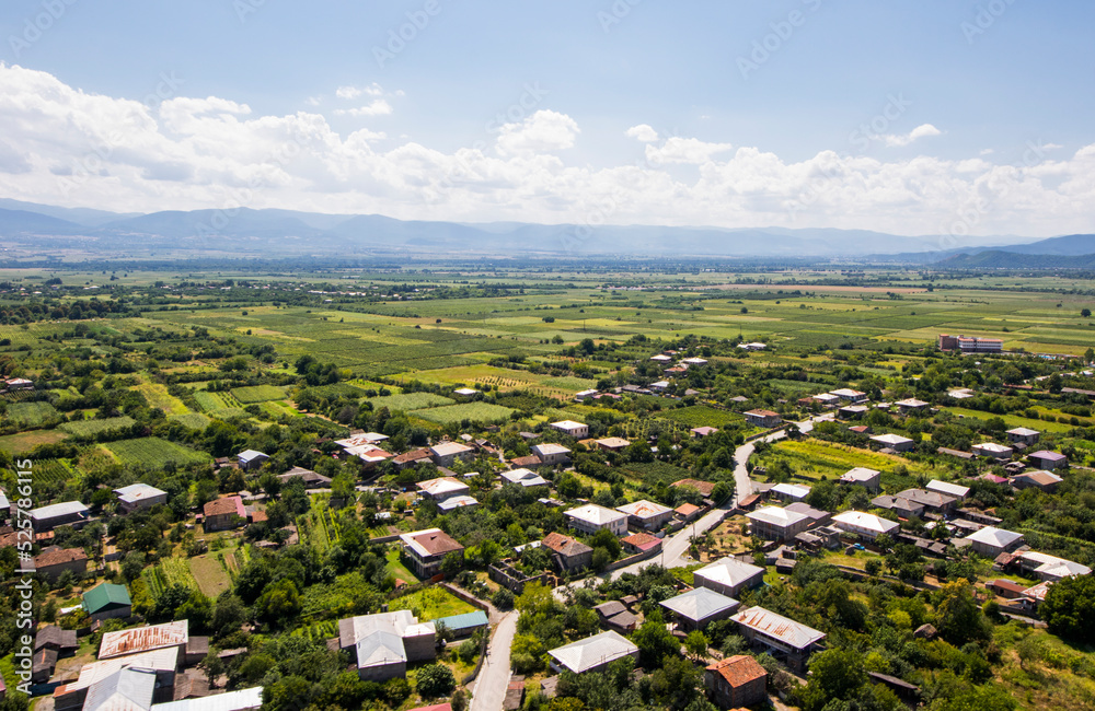 Obraz premium Telavi view from the helicopter, high angle view of the village and fields, Georgian country