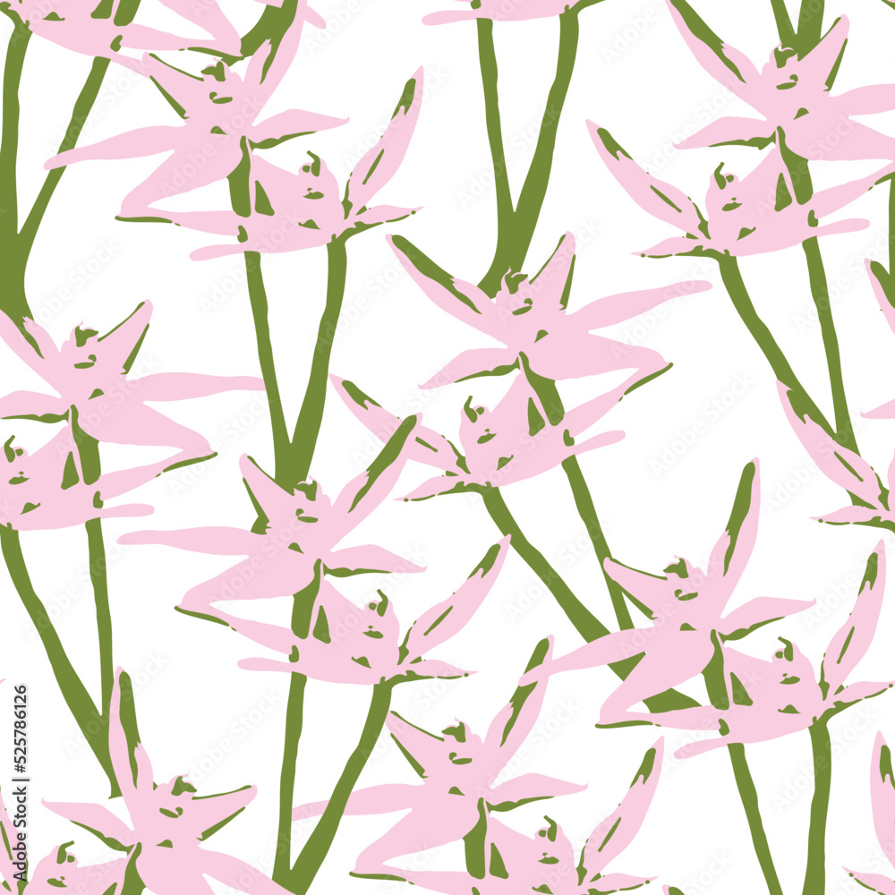 seamless plants pattern background with pink and green flowers , greeting card or fabric