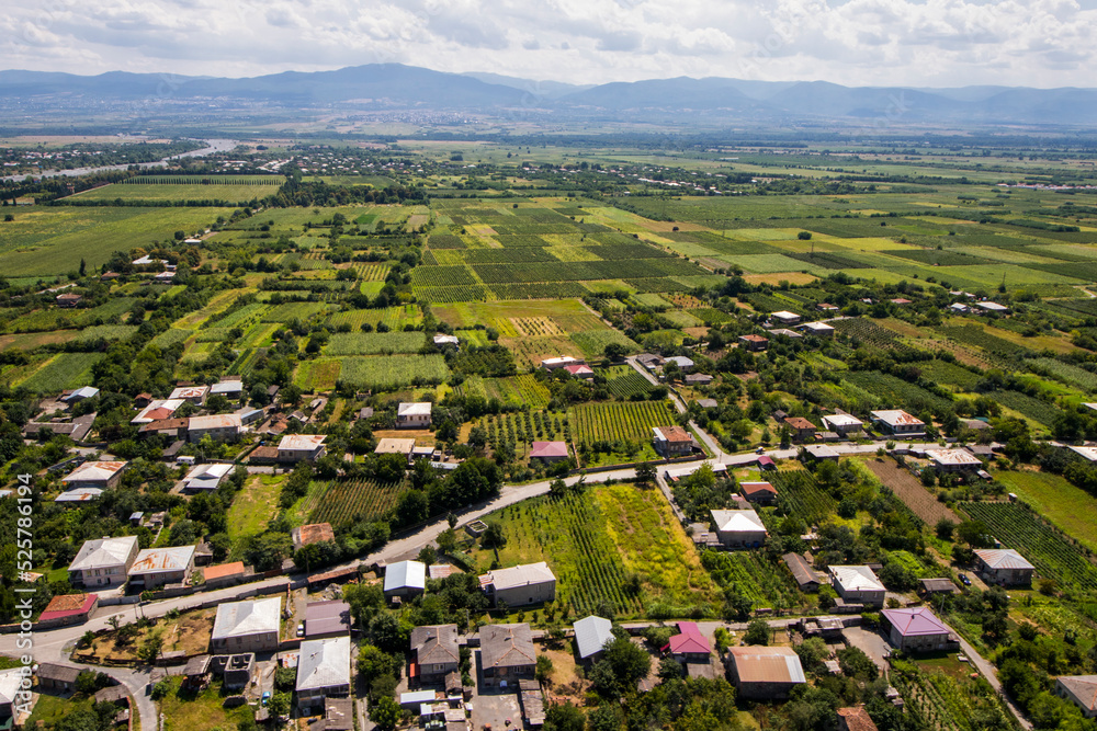 Telavi view from the helicopter, high angle view of the village and fields, Georgian country