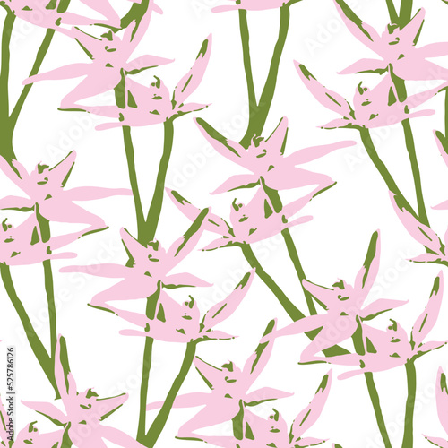 seamless plants pattern background with pink and green flowers , greeting card or fabric
