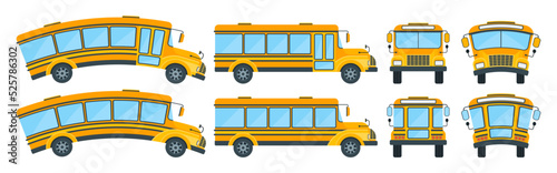 Set of yellow school bus side, front and back view.