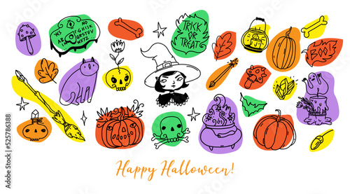 Halloween banner, greeting card, poster with cute illustrations set. Themed lovely pictures set for halloween - witch, pumpkin, cat, jack lantern, cauldron, broom. Vector set in cartoon doodle outline
