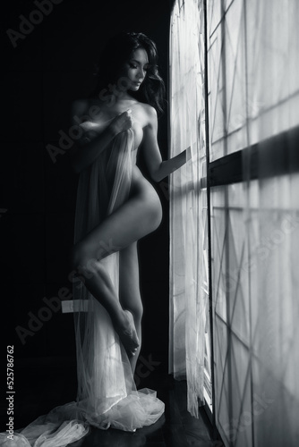 black and white young asian women model standing poses naked by the window light only a thin curtain envelops her and dark background, lady sexy emotion of art © SHUTTER DIN