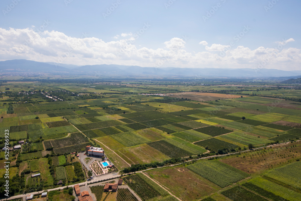 Telavi view from the helicopter, high angle view of the village and fields, Georgian country