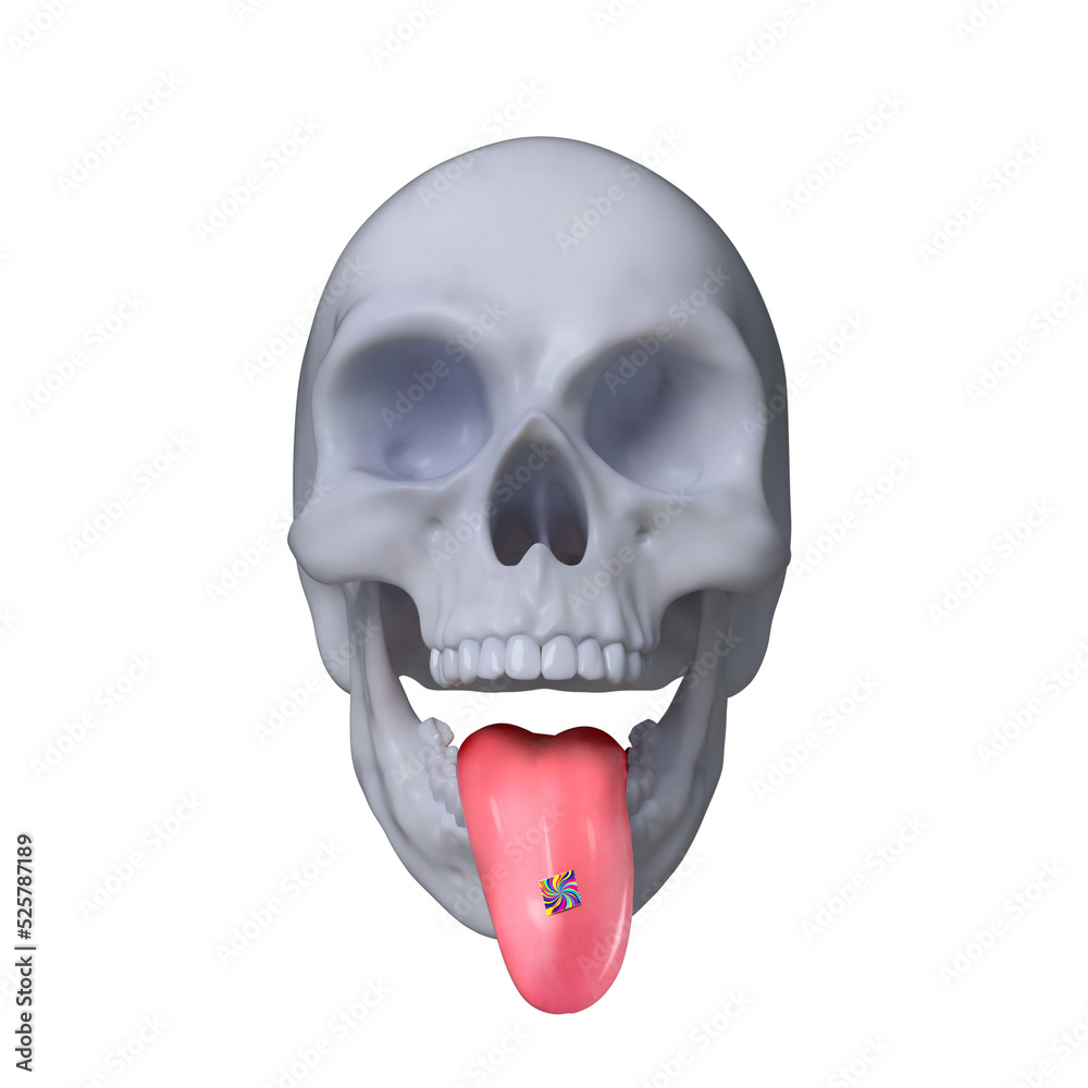 Abstract illustration from 3D rendering of skull sticking its tongue out with LSD acid tab. - obrazy, fototapety, plakaty 