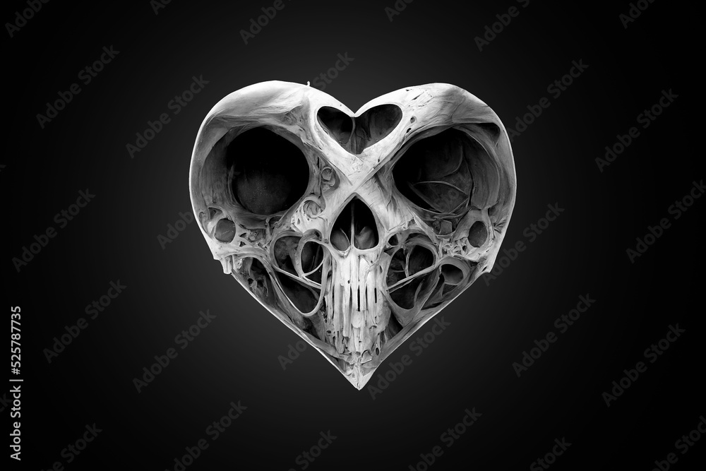 Stylized heart made of bones. X-ray of a heart shape. Gothic original gift for Valentine's Day. Unusual love, dark fantasy. Isolate on a black background Stylized heart made of bones. X-ray of a heart shape. Gothic original gift for Valentine's Day. Unusual love, dark fantasy. Isolate on a black background