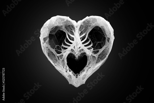 Unusual love, dark fantasy. X-ray of a heart shape. Stylized heart made of bones. Isolate on a black background. Gothic original gift for Valentine's Day