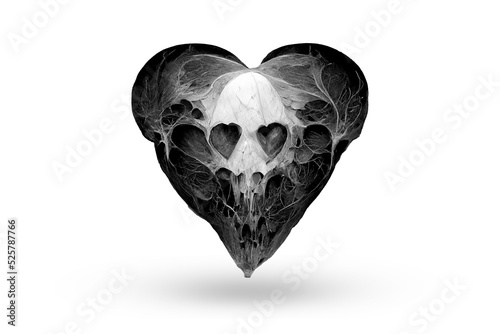 Unusual love, dark fantasy. X-ray of a heart shape. Gothic original gift for Valentine's Day. Stylized heart made of bones. Isolate on a white background